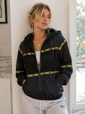Victoria’s Secret PINK Mesh Windbreaker Hoodie Black Gold Y2K XS